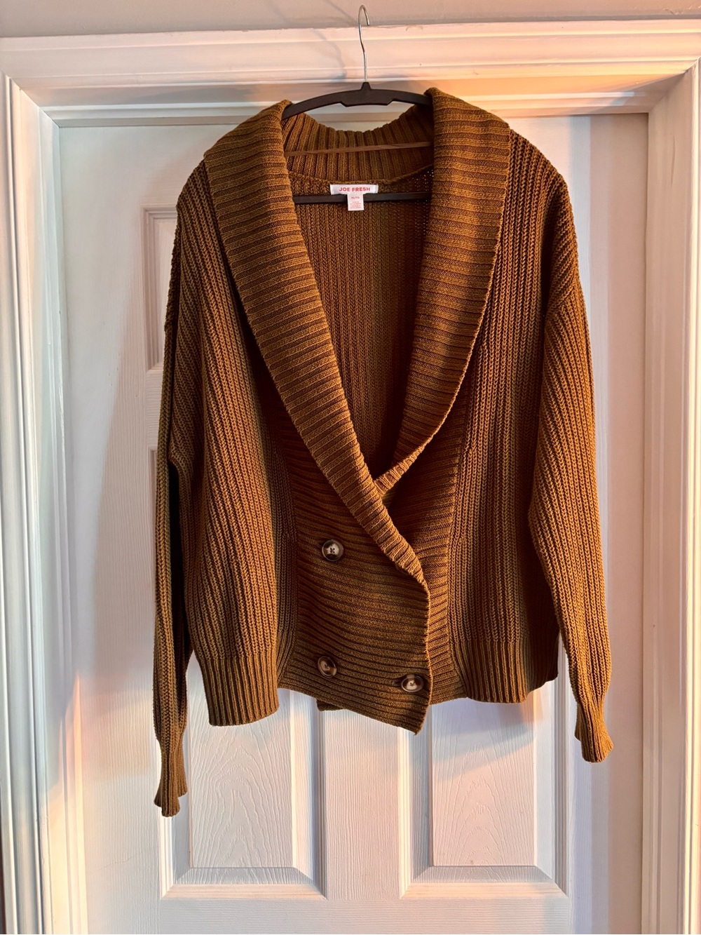 Joe Fresh Dark Kahki Green Shawl-Collar Ribbed Cardigan